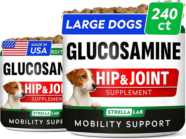Glucosamine Treats for Dogs - Joint Supplement w/Omega-3 Fish Oil - Chondroitin, MSM - Advanced Mobility Chews - Joint Pain Relief - Hip & Joint Care - Peanut Butter Flavor - 240 Ct