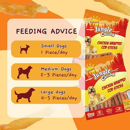 Jungle Calling Dog Treats, Rawhide Free Chicken Wrapped Cod Sticks, Easily Digestible Chewy Snacks for Training Rewards, 21.2 oz