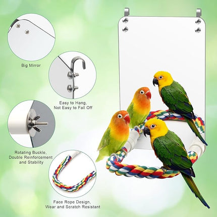 9.4‘’ Bird Mirror for Cage, Coolrunner Bird Parrot Mirror with Rope for Cockatiel Conures, Lovebirds, Parrot, Canaries, and Budgies