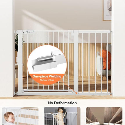COMOMY 30" Tall Baby Gate for Stairs Doorways, Fits Openings 29.5" to 46" Wide, Auto Close Extra Wide Dog Gate for House, Pressure Mounted Easy Walk Through Pet Gate with Door, White