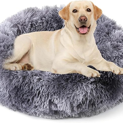 NOYAL Calming Donut Dog Bed for Small to Medium Dogs & Cats - Plush Faux Fur Anti-Anxiety Pet Bed with Machine Washable Cover & Non-Slip Base