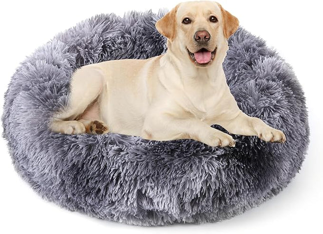 NOYAL Calming Donut Dog Bed for Small to Medium Dogs & Cats - Plush Faux Fur Anti-Anxiety Pet Bed with Machine Washable Cover & Non-Slip Base