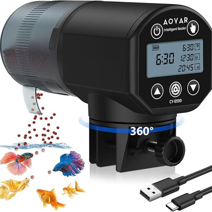 Automatic Fish Feeder Dispenser for Aquarium: Rechargeable Auto Feeders for Tank Turtle Pond Betta - 200ml Smart Food Feeding Timer Dispensers for Flake Pellet Vacation Weekend