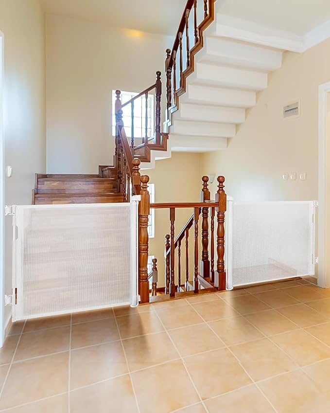 (2 Pack) Retractable Baby Gate for Doorways and Stairs, Mesh Safety Gate for Pet, Indoor & Outdoor Use, One-Hand Operation, Easy Installation, 33.6" Tall, Expands to 55" Wide（White,33.6"x55")