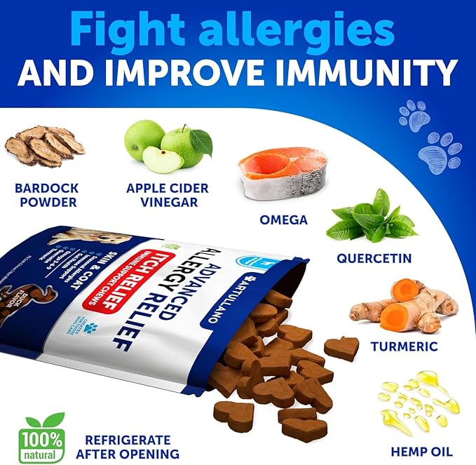 Dog Allergy Relief Chews - Itching Skin Relief for Dogs - Fish Oil - Omega 3 - Seasonal Allergies Pills - Skin & Coat, Anti Itch, Hot Spots Treatment - Canine Immune Health Supplement - 70 Soft Treats
