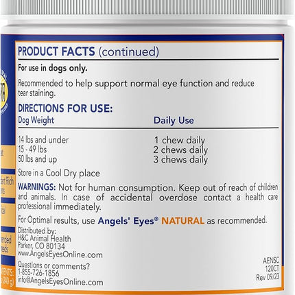 Angels’ Eyes Natural Tear Stain Supplement Chews for Dogs, Prevent Stained Fur, with Oregon Grape Root, Marshmallow Root, Colostrum, No Wheat or Corn, 120ct Chicken