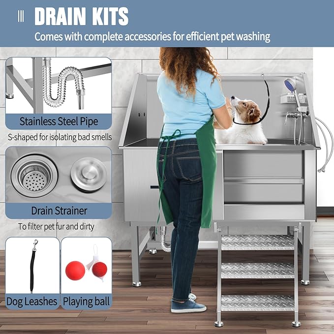 Professional Stainless Steel Dog Grooming Tub W/Soap Box, Faucet,Rich Accessory, Bathtub For Multiple Pets, Washing Sink For Home