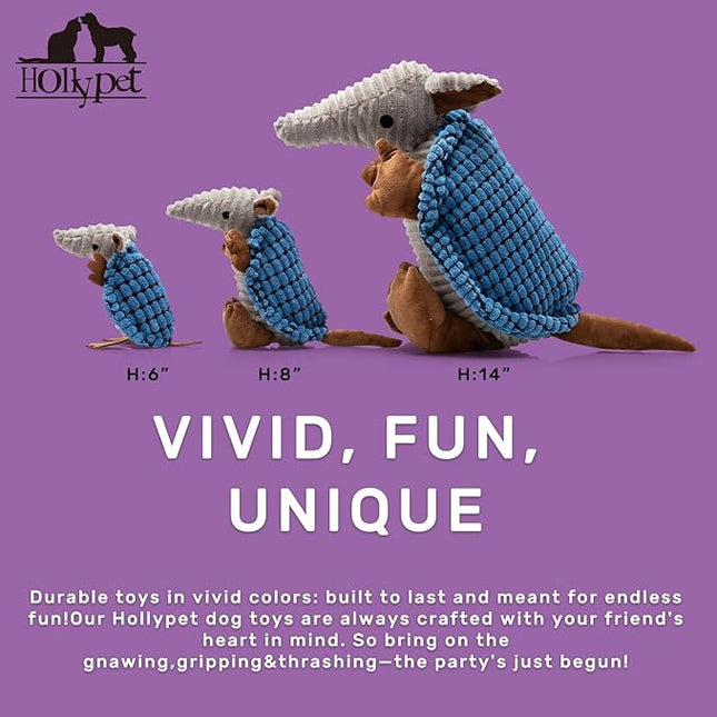 Hollypet Plush Dog Squeaky Toy Stuffed Armadillo Animal Pet Puppy Chew Toys with Clean Teeth for Small Medium Large All Breed Sizes Dogs, Blue, 14 in