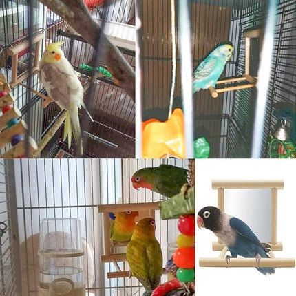 Bird Mirror Parakeet Mirror Perch Stand Wooden Swing Mirror Toy Cage Accessories for Parrots Budgies Parakeets Cockatiels Lovebirds Finches