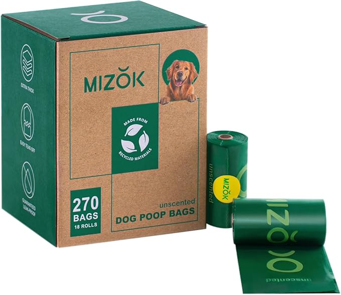 MIZOK Dog Poop Bags Rolls, 270 Count, 65% Recycled Material Poop Bags for Dogs, Leakproof, Extra Thick Durable and Easy Tear-Off, Unscented