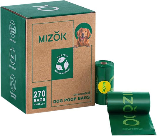MIZOK Dog Poop Bags Rolls, 270 Count, 65% Recycled Material Poop Bags for Dogs, Leakproof, Extra Thick Durable and Easy Tear-Off, Unscented