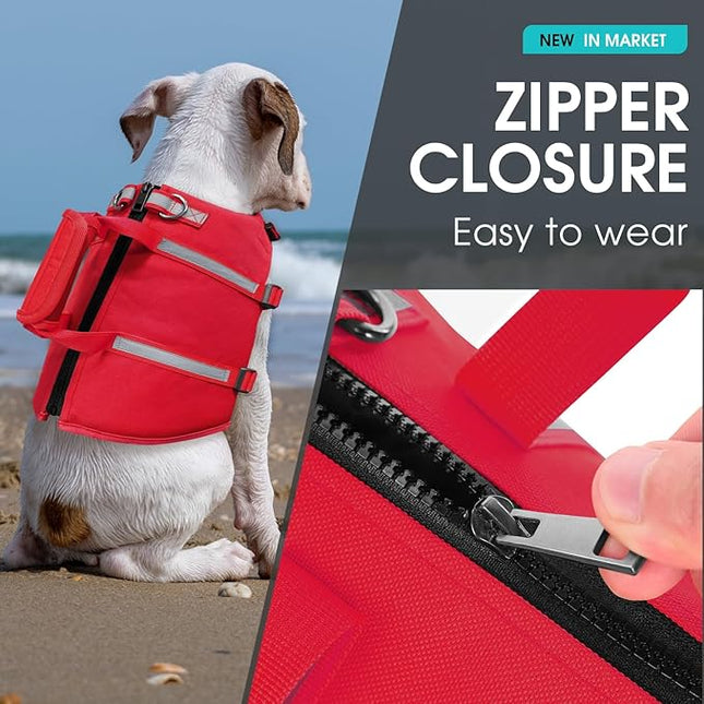 Queenmore Large Dog Life Vest For Swimming, XL Dog Life Jacket, Doggie Life Vest For Swimming Large Breed, Pet Life Jackets For Boating With Rescue Handle, Zipper, Pet Floating Vest For Pool (Red, XL)