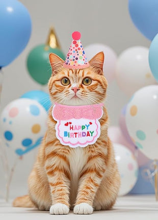 Cat Birthday Party Supplies Adjustable Pink Cat Birthday Hat with Number and Kitten Bandana Outfits Set for Girl Cats Party Decorations for 0-9 Years Cats