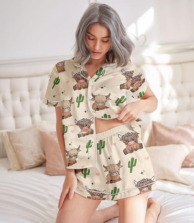 Women’s Silk Satin Pajama Set, Short Sleeve Button Down 2 Piece PJs with Shorts, Cozy Loungewear & Matching Holiday Pajamas