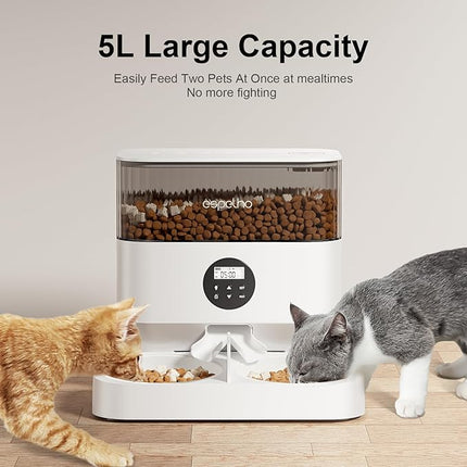 Espelho Automatic Cat Feeder - 5L Timed Cat Food Dispenser 2 Cats with 2 Way Splitter, Easy to Set Up and Clean, 10s Voice Programmable Portion Control Pet Feeder with Desiccant Bag for Cats & Dogs