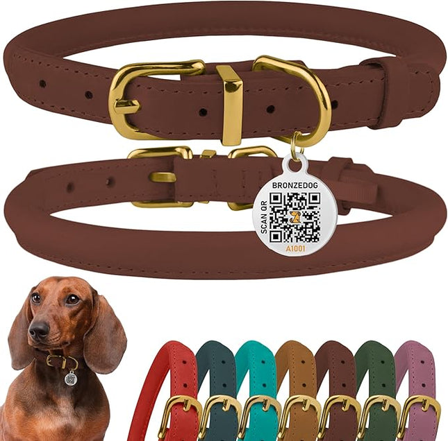 BronzeDog Rolled Leather Dog Collar with QR ID Tag, Adjustable Soft Round Collars for Small Medium Large Dogs Puppy (9" - 11" Neck Size, Cognac Brown)
