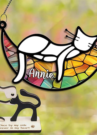 Cat Memorial Suncatcher, Personalized Name Pet Sleeping on Moon Ornament Window Car Hanging, Sympathy Gift for Loss of Pet Passed Away Keepsake, Remembrance Gifts for Cat Lovers