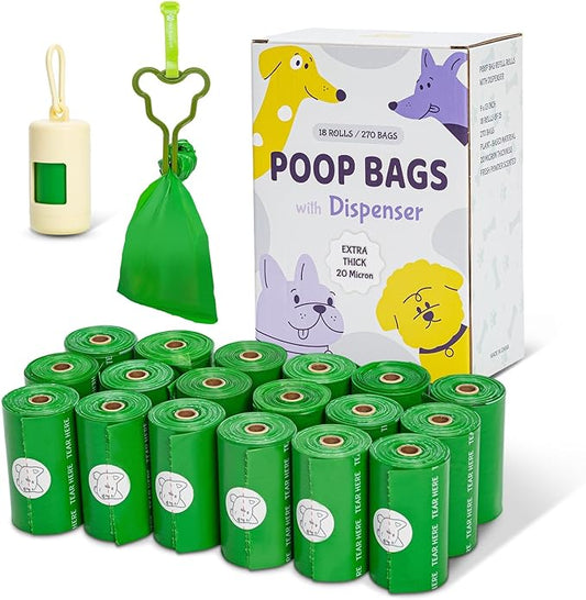 270 Count Scented Dog Poop Bags Rolls, 20 Micron Ultra Thick, Heavy Duty Tear Resistant Leak Proof for Yuck-Free Cleanup, Includes Dispenser & Leash Clip, 9 x 13 Inch, Gaze Doodle (Green)