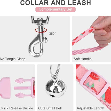 EXPAWLORER Small Dog Harness and Leash Set - Cute Puppy Harness Leash Dog Collar with AirTag Holder Silicone Case, Soft Padded Step in Pet Vest Reflective for Outdoor Walking, Strawberry M