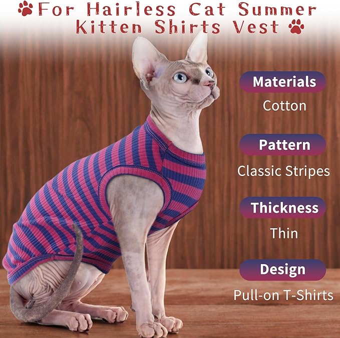 BRKURLEG Sphynx Hairless Cats Shirt Puppy Clothes Soft Cotton T-Shirts Cute Cats Pajamas Cat Stripes Vest Pet Sweater, Round Collar Vest Kitten Shirts(PinkBlue Stripes, S)