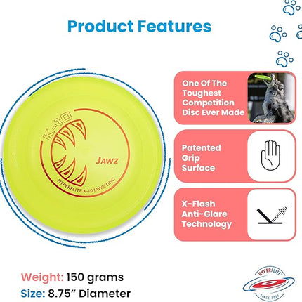 Hyperflite K-10 Jawz Yellow Disc • for Dogs Over 16" • 8.75 Inch / 155 Grams • Puncture Resistant • Made in The USA