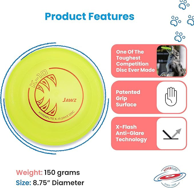 Hyperflite K-10 Jawz Yellow Disc • for Dogs Over 16" • 8.75 Inch / 155 Grams • Puncture Resistant • Made in The USA