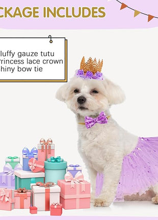 BINGPET Doggy Tutu Skirt Dog Cat Birthday Party Supplies,Cat Dogs Wedding Dresses with Bowtie and Dog Party Hats Princess Crown Hat Set,Sweet Gift for Small to Medium Dogs Cat