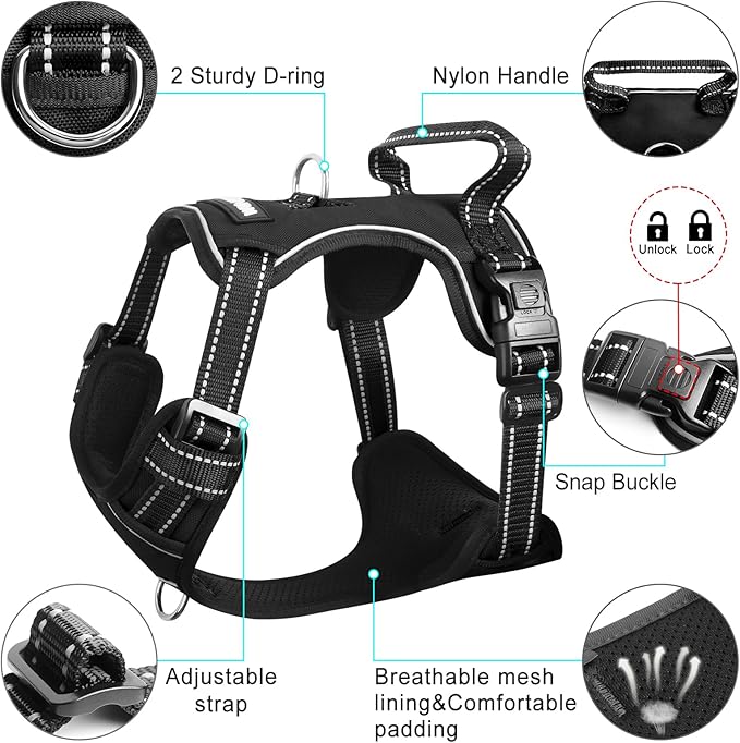 WINSEE Dog Harness No Pull, Pet Harnesses with Dog Collar, Adjustable Reflective Oxford Outdoor Vest, Front/Back Leash Clips for Small, Medium, Large, Extra Large Dogs, Easy Control Handle for Walking