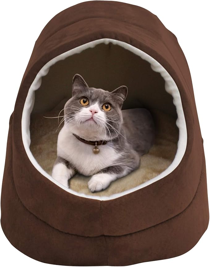 4 in 1 Self Warming Burrow Cat Bed, Pet Hideway Sleeping Cuddle Cave (Brown-2)