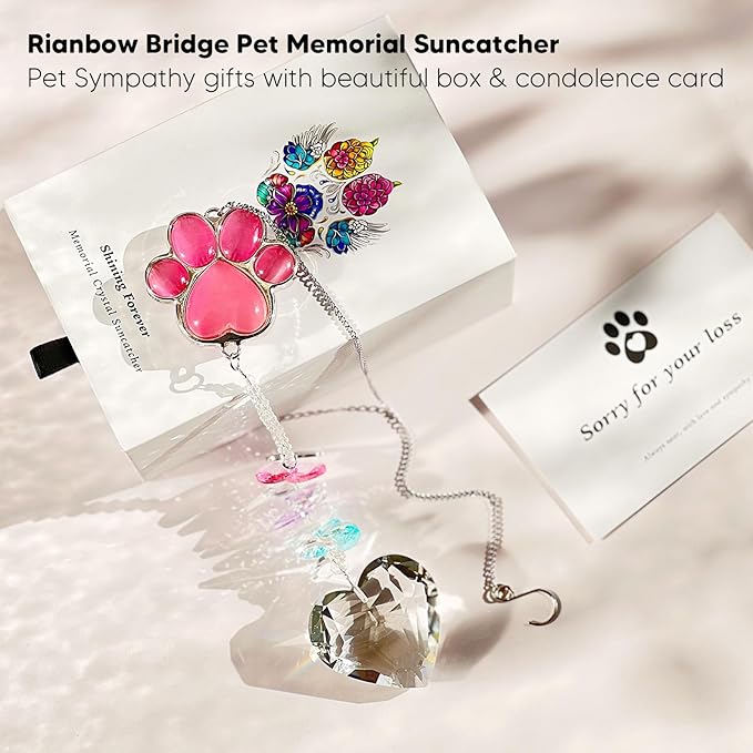 Pet Memorial Suncatcher - Dog Memorial Gifts, Pet Loss Sympathy, Thoughtful Dogs and Cats Bereavement Remembrance Gifts, Natural Cat's Eye Paw Crystal Suncatcher(Pink)