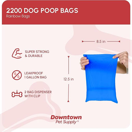 Downtown Pet Supply Poop Bags for Dogs with Dispenser, 2200 Count - Leak-Proof Dog Waste Bags and Bone-Shaped Dog Poop Bags Holder for Leash - Rainbow of Colors, 12.5" x 8.5"