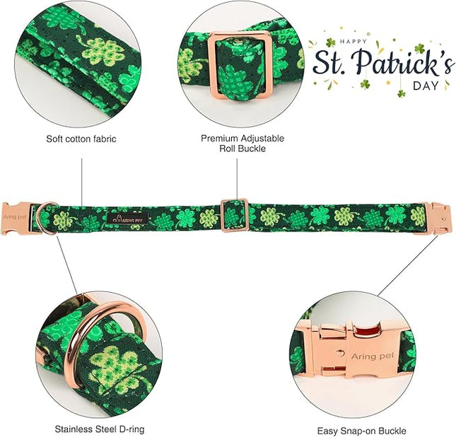 ARING PET St. Patrick's Day Dog Collar with Bow, Cute Adjustable Plaid Clovers Bowtie Pet Collars with Metal Buckle for Puppy Small Medium Large Boy Girl Dogs-XL
