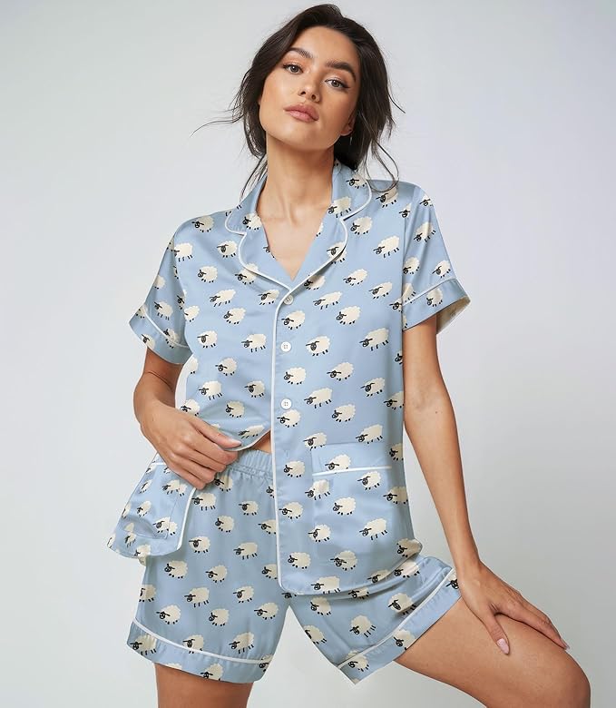 Women’s Silk Satin Pajama Set, Short Sleeve Button Down 2 Piece PJs with Shorts, Cozy Loungewear & Matching Holiday Pajamas