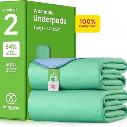IMPROVIA® Washable Underpads, 34" x 52" (Pack of 2) - Heavy Absorbency Reusable Incontinence Pads for Kids, Adults, Elderly, and Pets - Waterproof Protective Pad for Bed, Couch, Sofa, Furniture, Floor