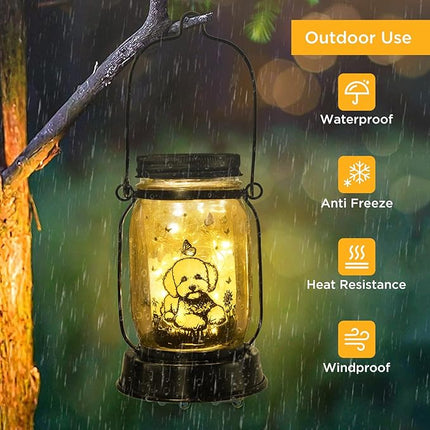 Bichon Dog Gifts for Women/Men Bichon Frise Solar Lanterns Birthday Dog Lovers Lantern Pet Loss Dog Memorial Lights Solar Garden Decoration for Yard, Patio,Backyard,Porch Torches Light