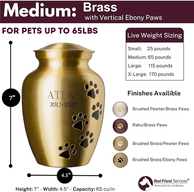 Ottillie Paws Elite Series Personalized Pet Urn for Dogs and Cats - Pet Memorial Urns with Custom Engraving (Brass, Vertical, Ebony, Medium)