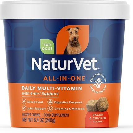 NaturVet All-in-One Dog Supplement - for Joint Support, Digestion, Skin, Coat Care – Dog Multivitamins with Minerals, Omega-3, 6, 9 – Wheat-Free Vitamins for Dogs – 60 Soft Chews