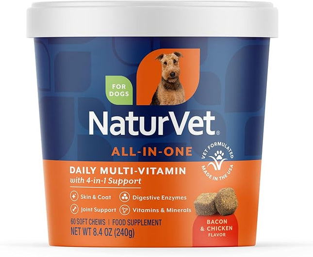 NaturVet All-in-One Dog Supplement - for Joint Support, Digestion, Skin, Coat Care – Dog Multivitamins with Minerals, Omega-3, 6, 9 – Wheat-Free Vitamins for Dogs – 60 Soft Chews