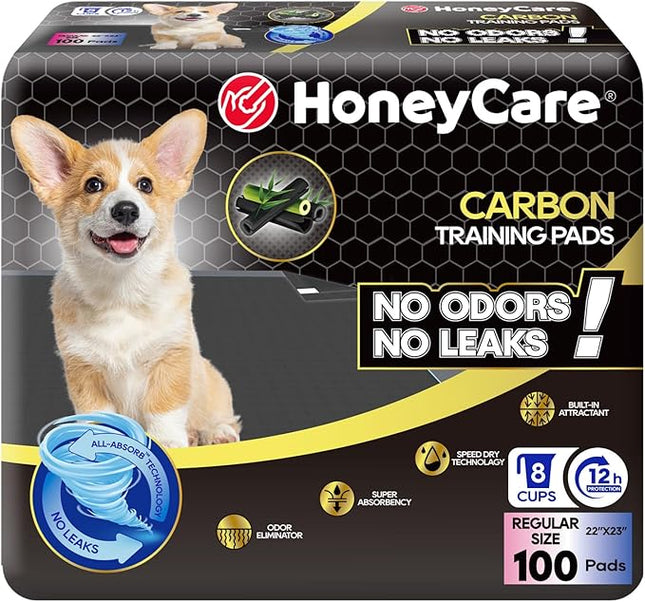 HONEY CARE All-Absorb Puppy Training Pads | Doggie Potty Pads Absorb Eliminating Urine Odor, Ultra Charcoal Dog Pee Pad (Carbon, L 22x23 inch, 100ct)