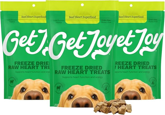 Get Joy Freeze Dried Superfood 100% Beef Heart Dog Treats, 4 Ounce Bag (Pack of 3), Single Ingredient Organ Meat, High Protein, Heart Health, Energy, Grain Free, Gluten Free, Made in USA