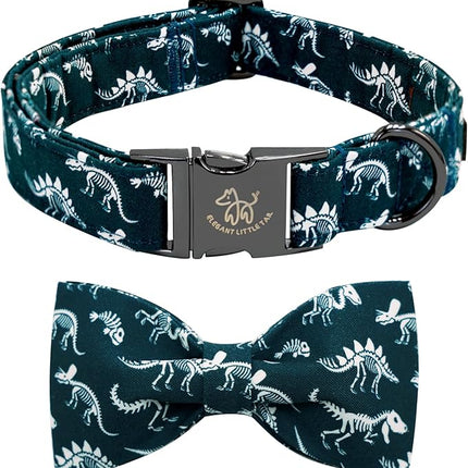 Elegant little tail Dog Collar, Dinosaurs Print Pet Collars with Bow Soft Cutton Boy Puppy Gift Adjustable Blue Bowtie Dog Collar for Medium Dogs