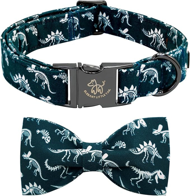 Elegant little tail Dog Collar, Dinosaurs Print Pet Collars with Bow Soft Cutton Boy Puppy Gift Adjustable Blue Bowtie Dog Collar for Medium Dogs