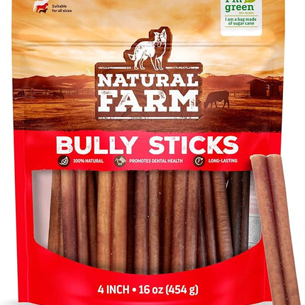 Natural Farm Odor-Free Bully Sticks (4”, 16oz) All-Natural Long-Lasting Chews, 100% Beef Pizzle, Grass-Fed, Grain-Free, Hormone-Free, Protein for Muscle Development & Energy, Perfect for Small Dogs