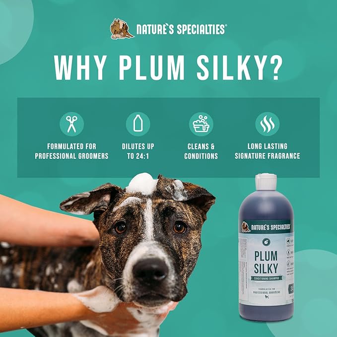 Nature's Specialties Plum Silky Ultra Concentrated Dog Shampoo Conditioner, Makes up to 6 Gallons, Natural Choice for Professional Pet Groomers, Silk Proteins, Made in USA, 32 oz