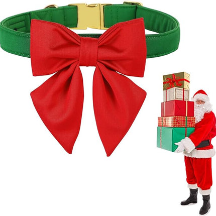 Maca Bates Christmas Grass Green Dog Collar with Cute Solid Sailor Bow Tie for Extra Large Girl Boy Dogs,Adjustbale Durable Breakaway Soft Collars with Bowtie for Female Male Puppy,Pet