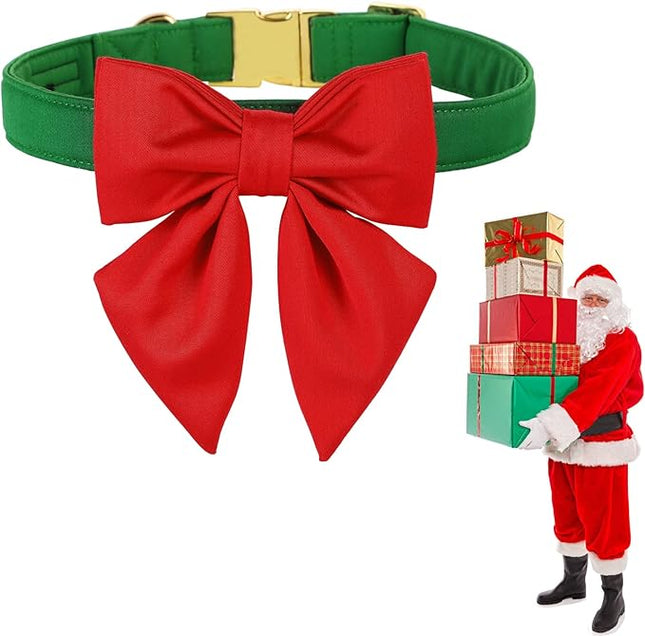 Maca Bates Christmas Grass Green Dog Collar with Cute Solid Sailor Bow Tie for Medium Girl Boy Dogs,Adjustbale Durable Breakaway Soft Collars with Bowtie for Female Male Puppy,Pet