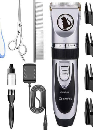 Ceenwes Dog Clippers with Storage Case, Low Noise Pet Clippers, Rechargeable Trimmer, Cordless Grooming Tool, Professional Hair Trimmer for Dogs, Cats & Others, Silver