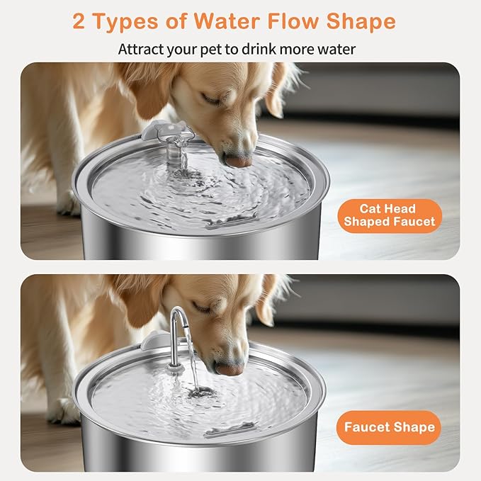 8L/2.1G Dog Water Fountain for Large Dog, Dreamocean Dog Water Bowl Dispenser Stainless Steel Pet Water Fountain, Water Dispenser for Dogs with 2 Ultra Quiet Pump for Multiple Pets with 12 Filters