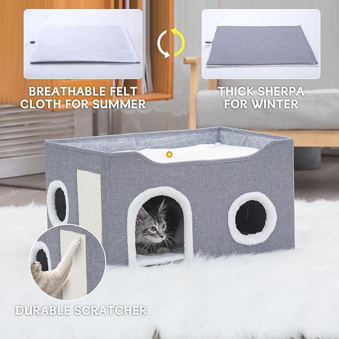 Cat House for Indoor Cats – Foldable Cat Cave & Covered Cat Bed, Cozy Hideaway for Small Pets and Large Cats (23.6"x16"x12.8"),Grey
