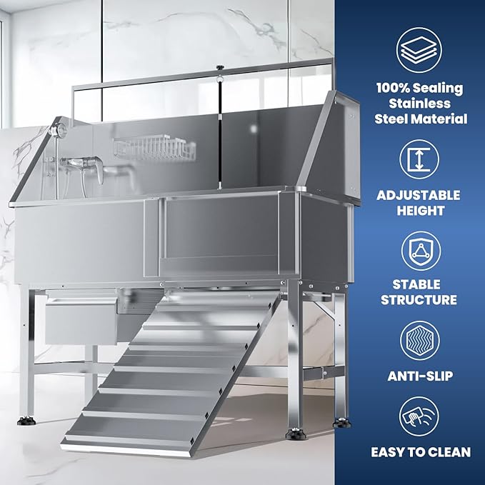 Dog Washing Station,Professional 46" Stainless Steel Dog Bathing Station Height Adjustable Dog Wash Station for Home Dog Grooming Tub Ramp, Drawer, Floor Grate & Fauct (R Ramp)